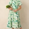 Blooming Season Green Floral Puff Sleeve Midi Dress