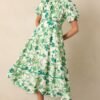 Blooming Season Green Floral Puff Sleeve Midi Dress