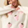 Berry Patch Picnic Ivory Crochet Strawberry Sweater