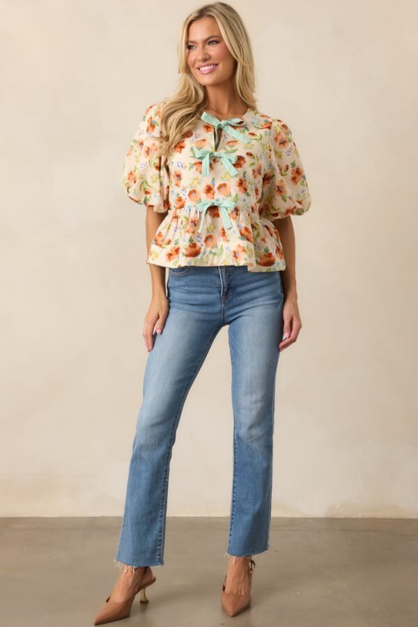 Beyond Compare Ecru Floral Cotton Bow Front Peplum Top