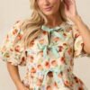Beyond Compare Ecru Floral Cotton Bow Front Peplum Top