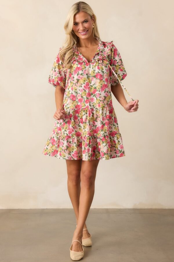Botanical Garden Date Cotton Pink Puff Sleeve Mini Dress