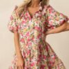 Botanical Garden Date Cotton Pink Puff Sleeve Mini Dress