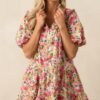 Botanical Garden Date Cotton Pink Puff Sleeve Mini Dress