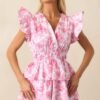 Bridget La France Dianthus Pink Floral Cotton Ruffle Mini Dress