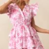 Bridget La France Dianthus Pink Floral Cotton Ruffle Mini Dress