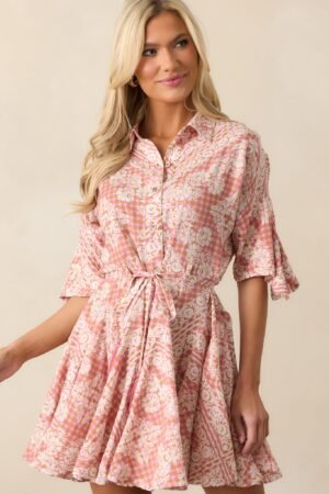 Beach Bum Rose Pink Floral Button Front Mini Dress