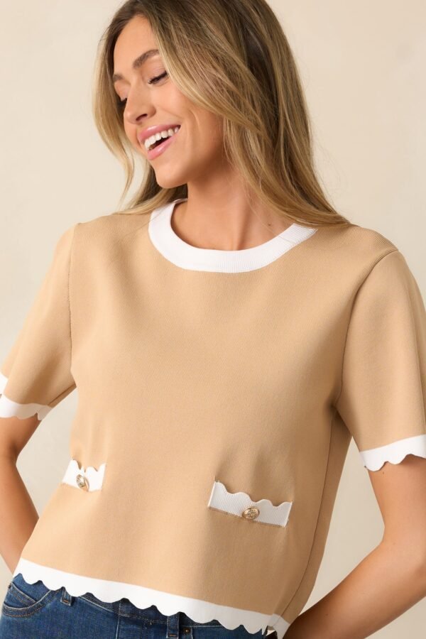 Book Nook Tan Scallop Hem Short Sleeve Top