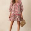 Butterfly Garden Red Cotton Button Front Mini Dress