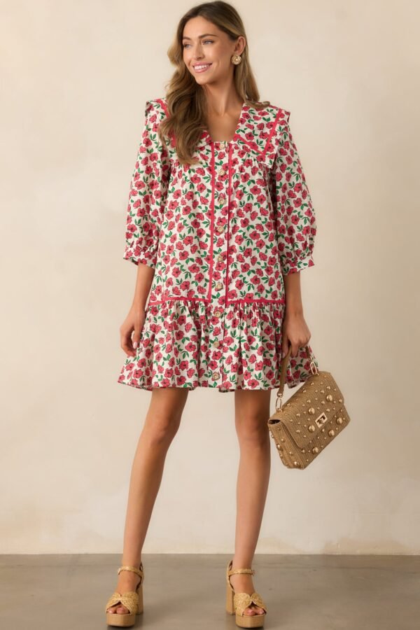 Butterfly Garden Red Cotton Button Front Mini Dress