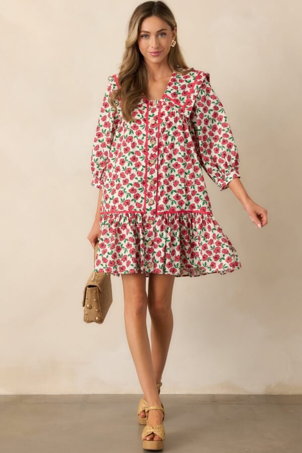Butterfly Garden Red Cotton Button Front Mini Dress