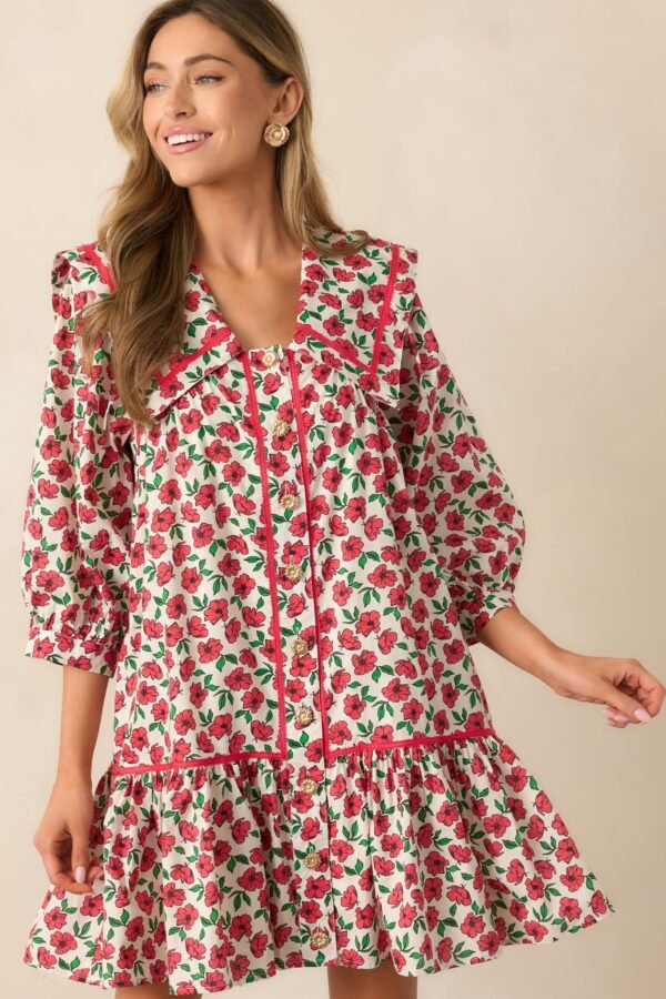 Butterfly Garden Red Cotton Button Front Mini Dress