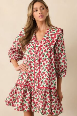 Butterfly Garden Red Cotton Button Front Mini Dress