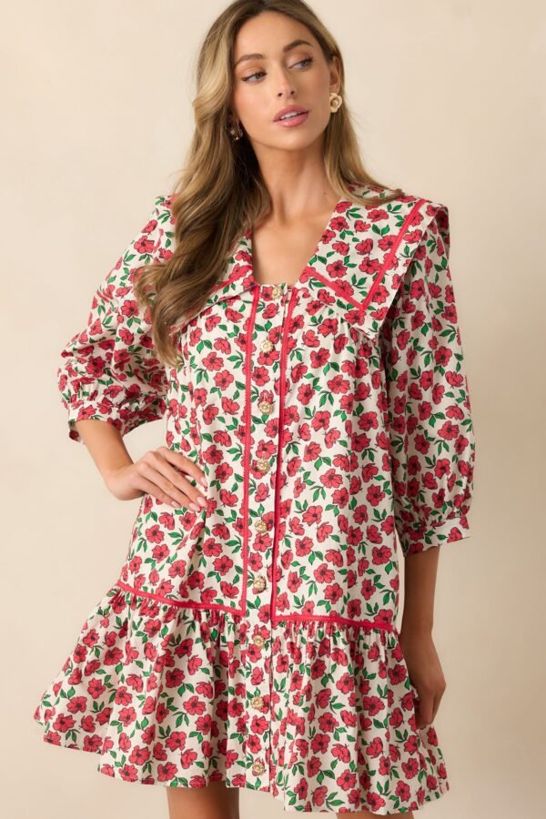 Butterfly Garden Red Cotton Button Front Mini Dress