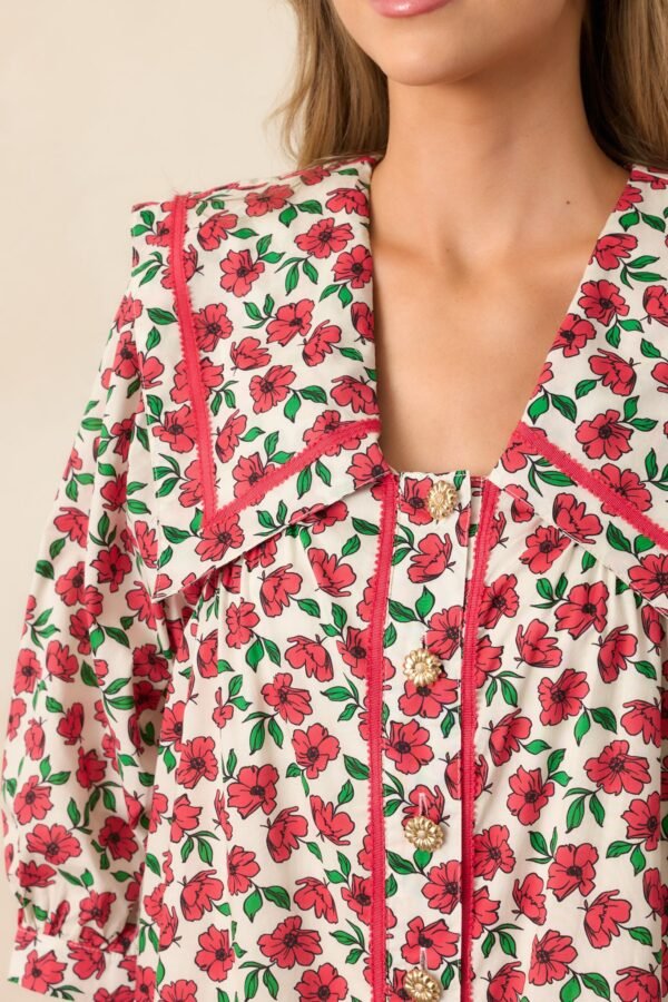 Butterfly Garden Red Cotton Button Front Mini Dress