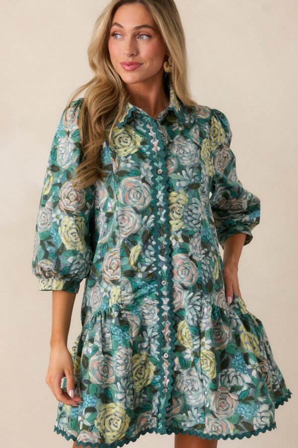 Canvas Of Memories 100% Cotton Green Floral Mini Dress
