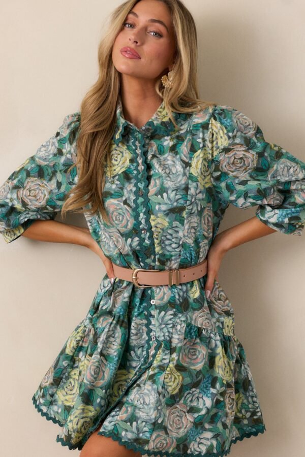 Canvas Of Memories 100% Cotton Green Floral Mini Dress
