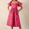 Blooming Hearts Pink Floral Jacquard Midi Dress