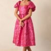 Blooming Hearts Pink Floral Jacquard Midi Dress