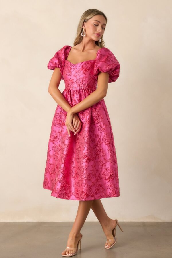 Blooming Hearts Pink Floral Jacquard Midi Dress