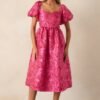 Blooming Hearts Pink Floral Jacquard Midi Dress
