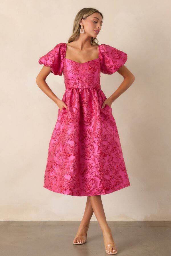 Blooming Hearts Pink Floral Jacquard Midi Dress