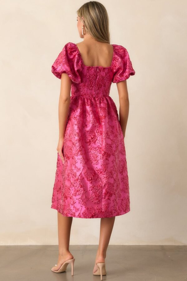 Blooming Hearts Pink Floral Jacquard Midi Dress