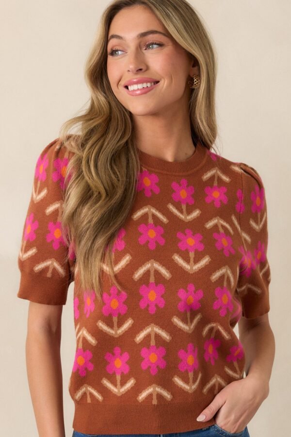 Blooming Breezes Cinnamon Floral Short Sleeve Sweater