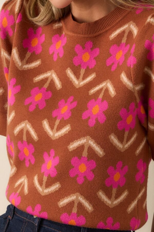 Blooming Breezes Cinnamon Floral Short Sleeve Sweater