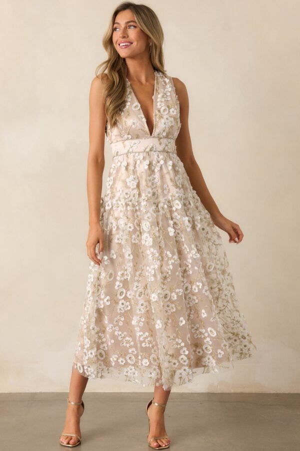 Celebrate With Me Champagne Embroidered Midi Dress