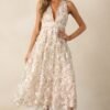 Celebrate With Me Champagne Embroidered Midi Dress