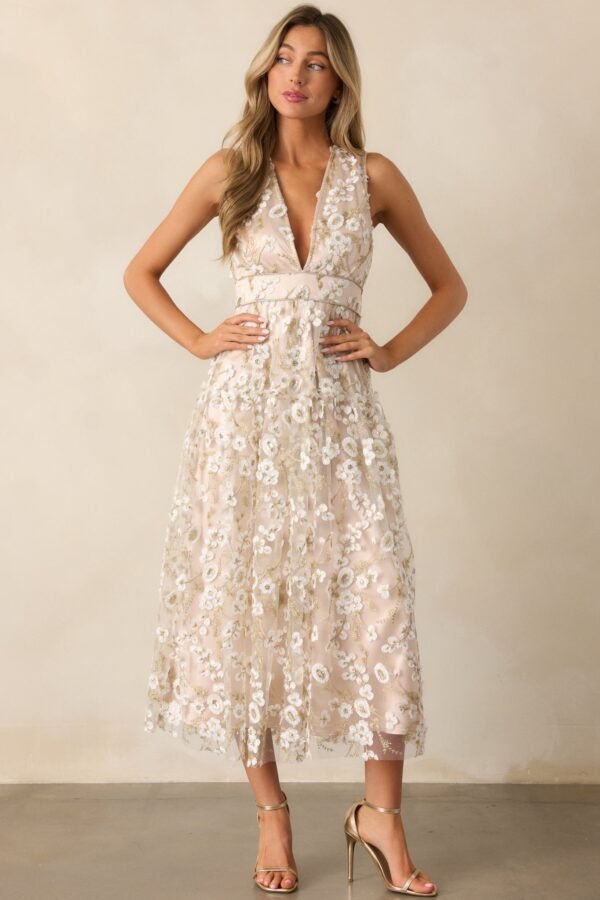 Celebrate With Me Champagne Embroidered Midi Dress