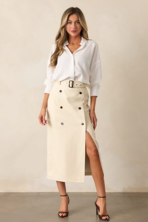 Beyond The Storm Ecru Faux Leather Midi Skirt