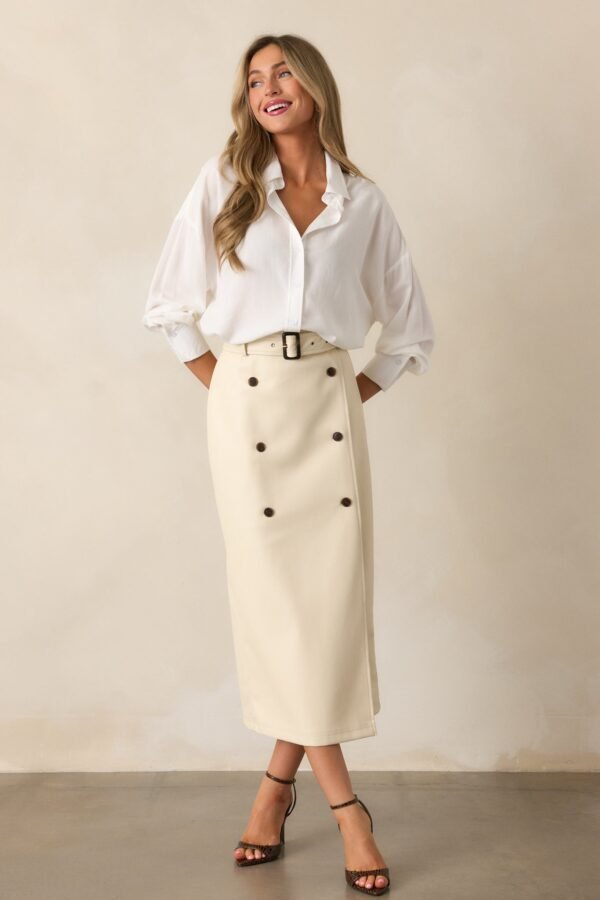 Beyond The Storm Ecru Faux Leather Midi Skirt