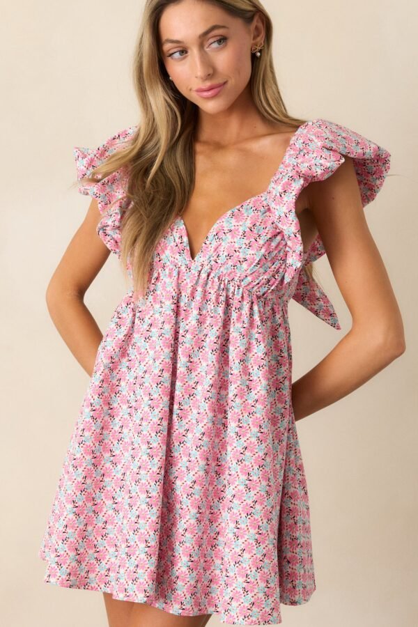 Blooming Love Pink Floral Flutter Sleeve Mini Dress