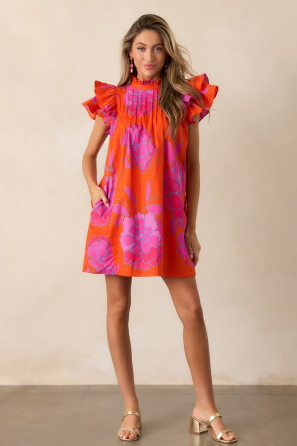 Breezes And Blooms Cotton Orange Flutter Sleeve Mini Dress