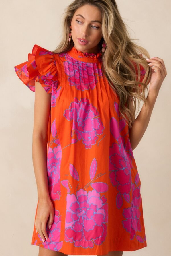 Breezes And Blooms Cotton Orange Flutter Sleeve Mini Dress