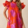 Breezes And Blooms Cotton Orange Flutter Sleeve Mini Dress