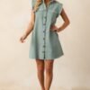 Bed & Breakfast Sage Green Button Front Mini Dress