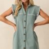 Bed & Breakfast Sage Green Button Front Mini Dress