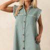 Bed & Breakfast Sage Green Button Front Mini Dress
