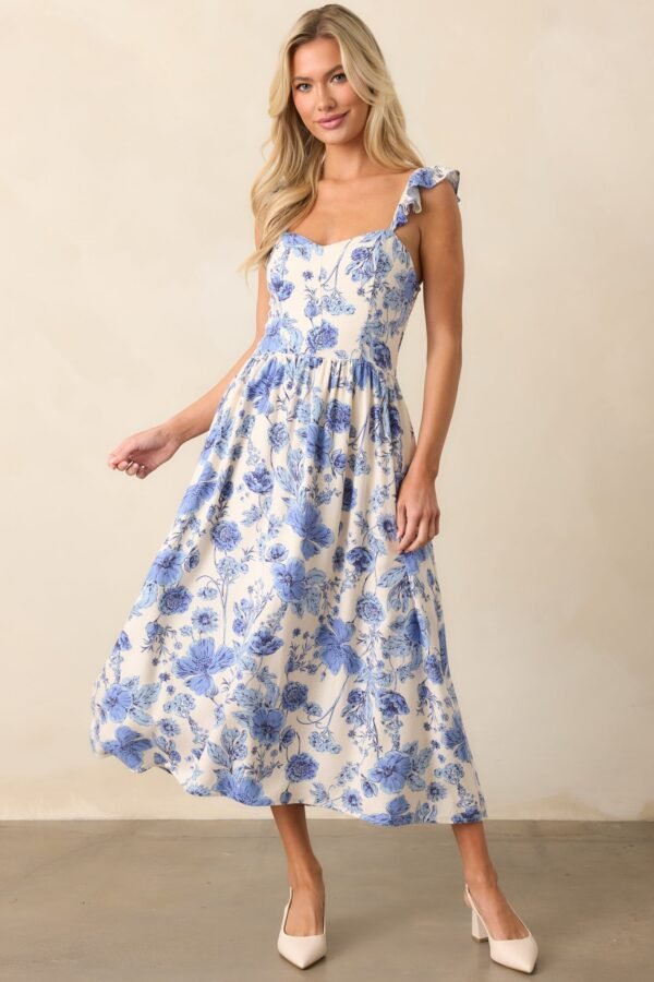 Blossoms Of Belief Ivory & Blue Floral Midi Dress