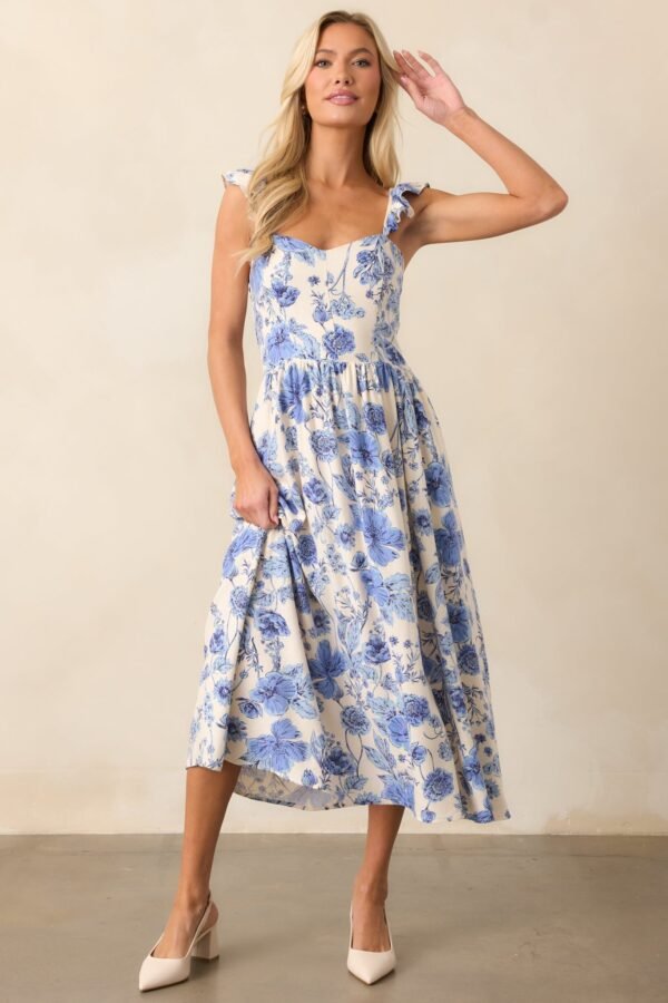 Blossoms Of Belief Ivory & Blue Floral Midi Dress