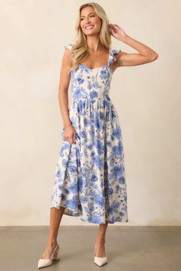 Blossoms Of Belief Ivory & Blue Floral Midi Dress
