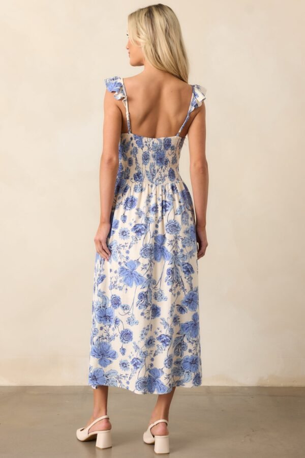Blossoms Of Belief Ivory & Blue Floral Midi Dress