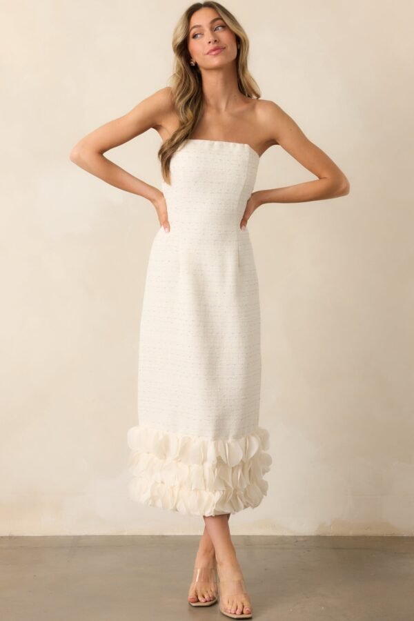Caught In The Moment Ivory Tweed Strapless Midi Dress
