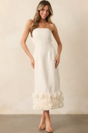 Caught In The Moment Ivory Tweed Strapless Midi Dress