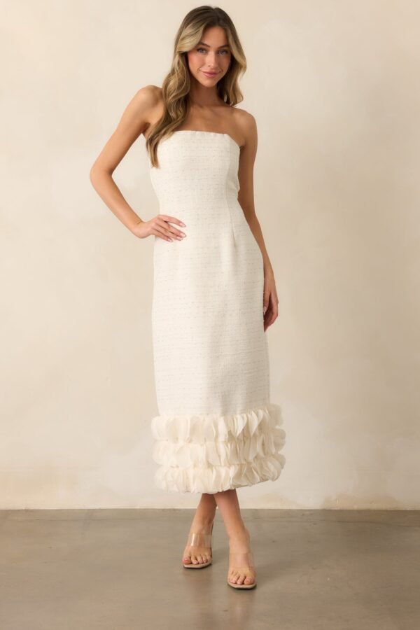 Caught In The Moment Ivory Tweed Strapless Midi Dress
