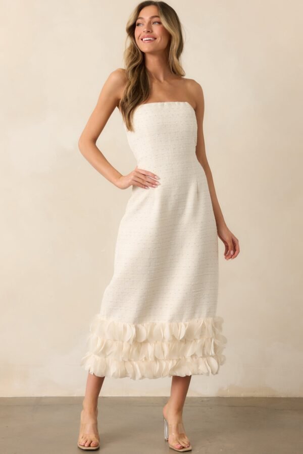 Caught In The Moment Ivory Tweed Strapless Midi Dress
