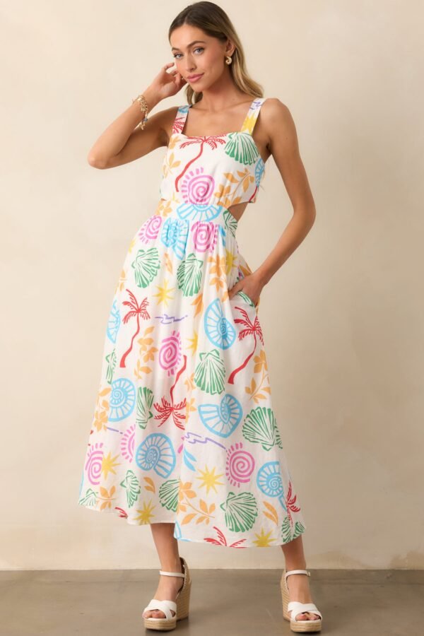 Calming Tides Ivory Multi Tropical Print Maxi Dress